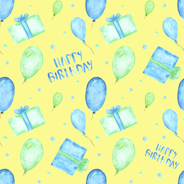 蓝色和绿色水彩生日无缝图案气球，礼物和签名“生日快乐”在黄色的背景。缤纷无尽的节日印花。墙纸。图片下载