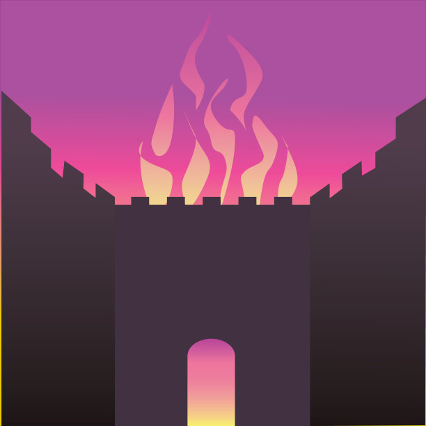 耶路撒冷圣殿的墙壁正在燃烧。矢量绘制了一个由古老的石头制成的门的黑色剪影，后面是一个燃烧的火，也从圆形的门出来图片下载