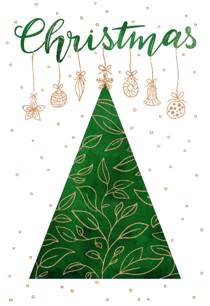 一棵绿色圣诞树的剪影，用水彩画在白色的背景上孤立。黄金花饰、装饰品、圣诞树装饰品。圣诞刻字。图片下载