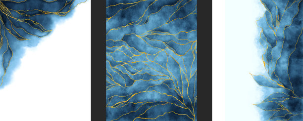 一套抽象海报手工水彩背景画画笔。蓝色油漆洒在纸上。金色光泽的纹理和开裂的大理石纹理。优雅奢华的壁纸图片下载