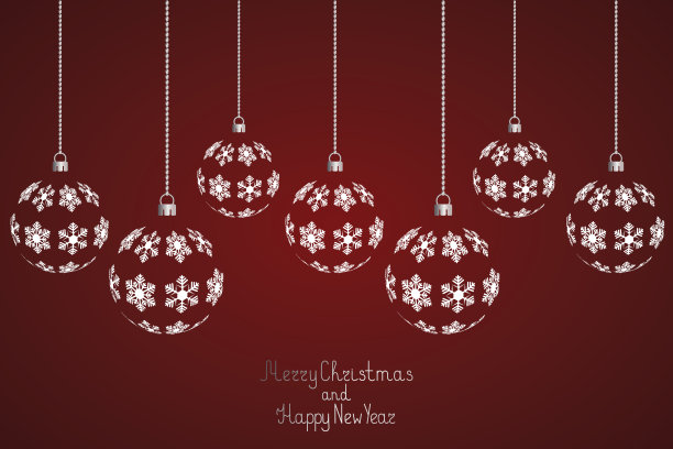 节日的明信片。一套圣诞玩具。从雪白的雪花点缀。玻璃球。刻字。圣诞快乐，恭贺新禧。彩色矢量插图。孤立的红色背景。圣诞装饰品被挂在链子上。精致的装饰。图片下载