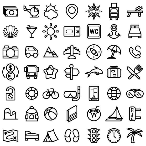 集合抽象涂鸦元素手绘集合旅游旅游素描向量设计风格背景夏季太阳罗盘照相机飞机眼镜票插图图标图片下载