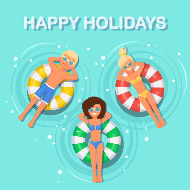 女人微笑，男人游泳，在游泳池充气床垫上晒日光浴。女孩漂浮在玩具与球孤立的水背景。充气循环。暑假，假期，旅游图片下载