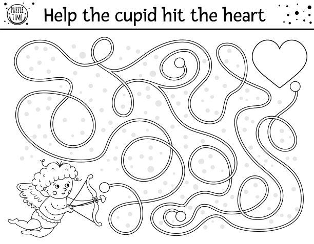 圣瓦伦丁黑白迷宫儿童。假期幼儿园印刷活动。有趣的游戏与可爱的男孩。浪漫的拼图或涂色页与爱的主题。帮助丘比特击中心灵图片下载