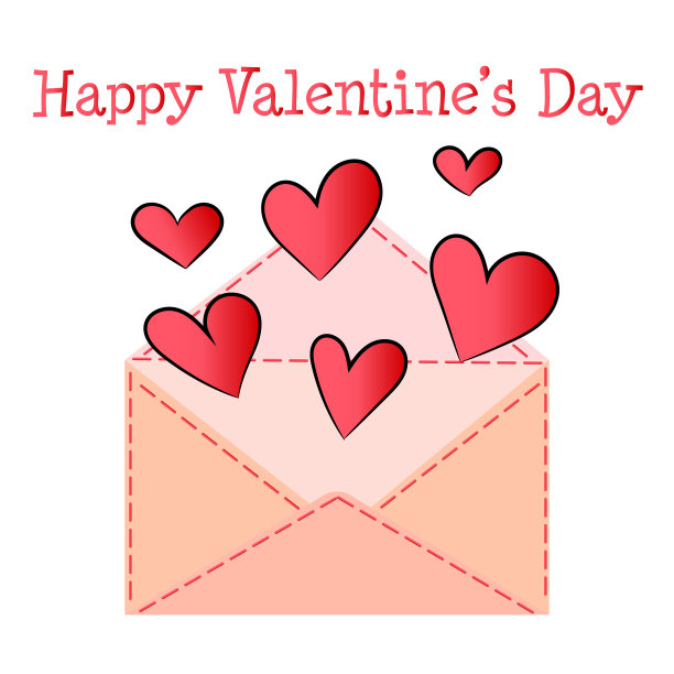 Ight粉红色信封与红色梯度手绘心形矢量插图。附有“情人节快乐”字样的情人节贺卡。浪漫的设计元素图片下载