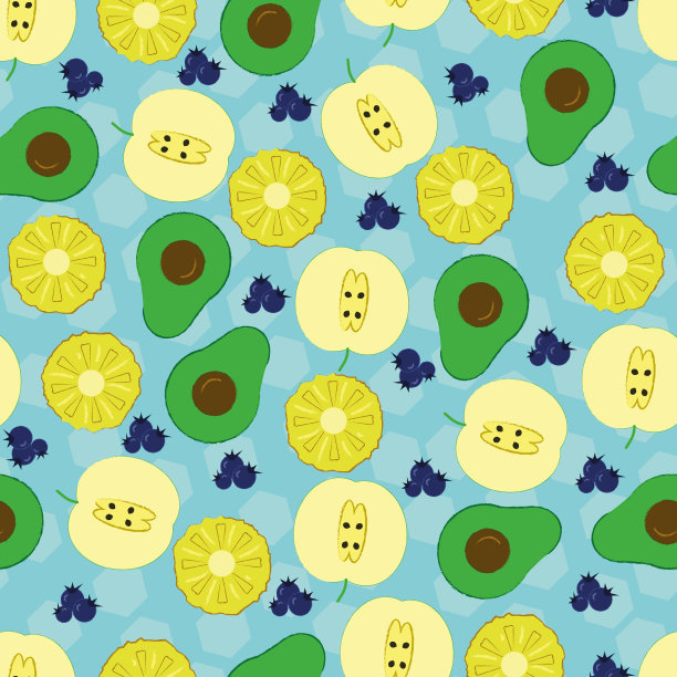 苹果、牛油果、蓝莓等水果图案。背景有多汁的水果。水果无缝模式。矢量插图。图片下载