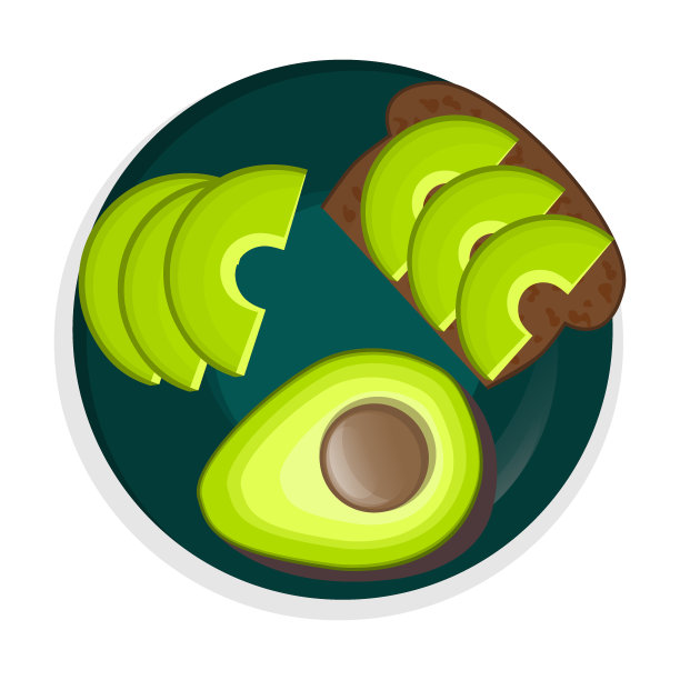 一盘牛油果孤立地放在白色的背景上。牛油果切片，黑面包加牛油果，再加一块牛油果。为纯素食者提供适当和健康的营养。矢量图. .图片下载