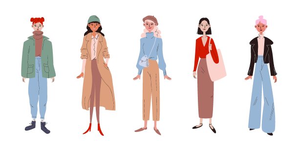 一组时髦时髦的女孩穿着休闲服装。收集时尚的服装和配件在一个平面涂鸦。各种各样的年轻美丽的女人站在五颜六色的颜色。矢量股票图图片下载