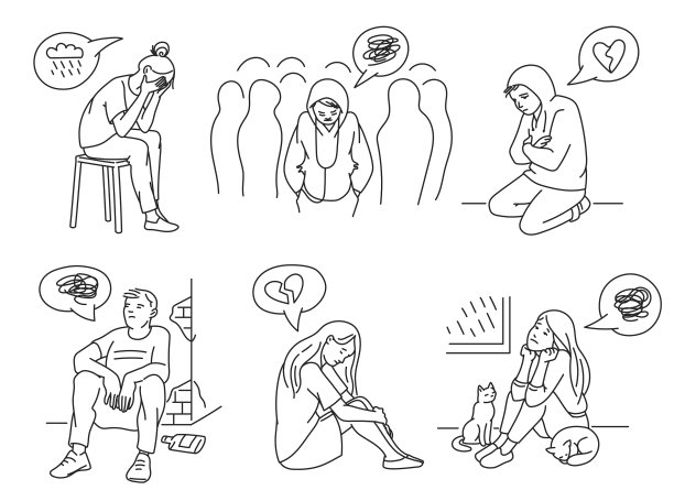 线条艺术设置悲伤和抑郁的人素描图片下载