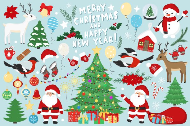 集圣诞老人，圣诞树，鸟，鹿，雪人，玻璃雪球，浆果，袋子，礼物，装饰球，帽子，手套，花环，烟花。圣诞快乐，新年快乐图片下载