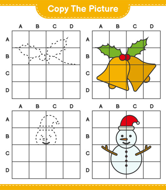 复制图片，用网格线复制圣诞钟和雪人的图片。教育儿童游戏，可打印的工作表，矢量插图图片下载