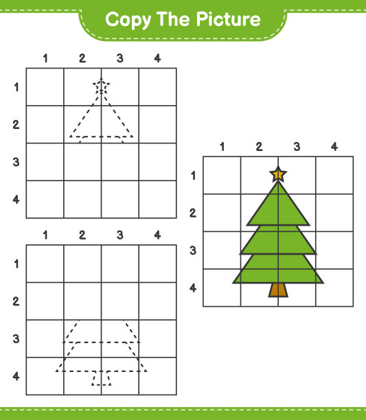 复制图片，用网格线复制圣诞树的图片。教育儿童游戏，可打印的工作表，矢量插图图片下载