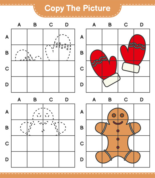 复制图片，用网格线复制姜饼人和手套的图片。教育儿童游戏，可打印的工作表，矢量插图图片下载