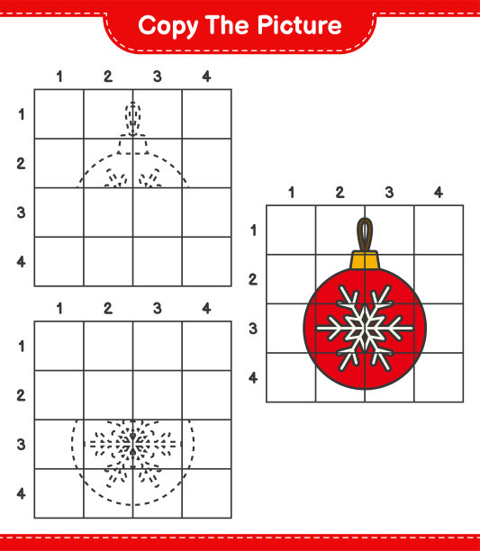 复制图片，用网格线复制圣诞球的图片。教育儿童游戏，可打印的工作表，矢量插图图片下载