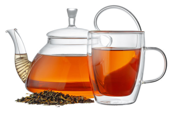 玻璃茶壶和玻璃杯，茶孤立在白色图片下载