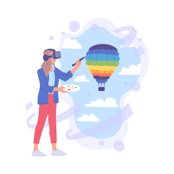 女子从事艺术与虚拟现实应用程序，平面矢量插图孤立。图片下载