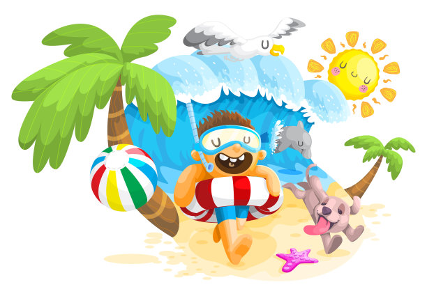 夏天在海滩男孩和狗在海滩玩图片下载