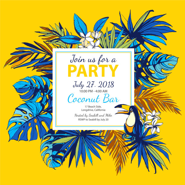 热带花卉夏季派对海报邀请图片下载