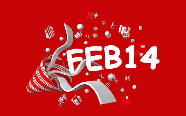 2月14日标题来自一个扩音器，纸屑，礼盒和派对彩带在红色背景下飞行图片下载