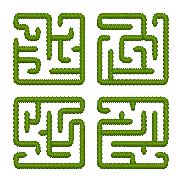 设置教育逻辑游戏布什迷宫的孩子。找到正确的方法。孤立的简单方形迷宫在白色的背景。图片下载