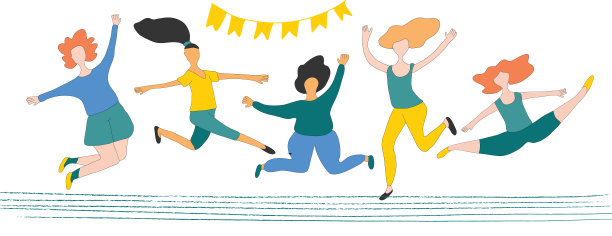 一群快乐的年轻人笑着，高举双手跳跃在白色的背景上。快乐积极的年轻女性图片下载