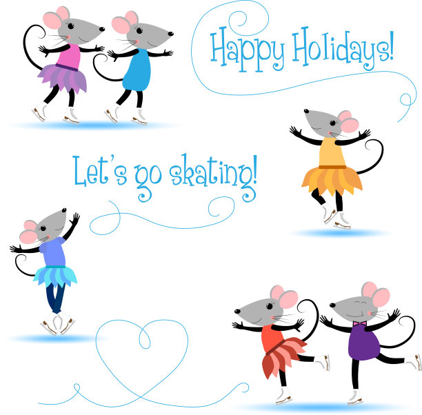 滑冰。卡通老鼠。寒假。卡片上有穿着冰鞋的可爱小老鼠。矢量插图的圣诞海报，卡片，礼物标签。图片下载