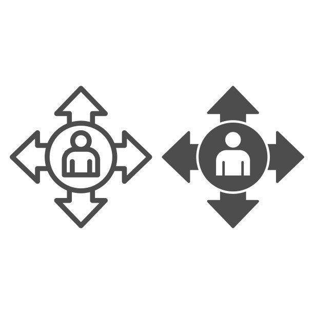 人类头像和箭头线性图标：社交疏离概念，白色背景社交沟通标志，圆圈人物箭头向外轮廓样式，矢量图形图片下载