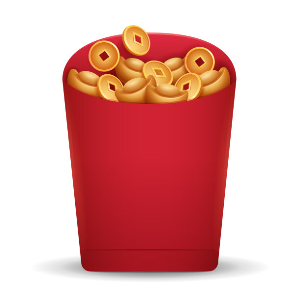 红包里装着中国的金元宝，硬币孤立在白色之上。图片下载