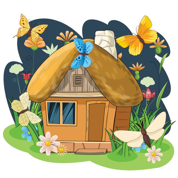 有茅草屋顶的旧房子。石头房子。令人难以置信的卡通对象。可爱的孩子气的风格。古老的住宅。很小,很小。以蝴蝶为背景的风景。孤立在白色的。向量图片下载