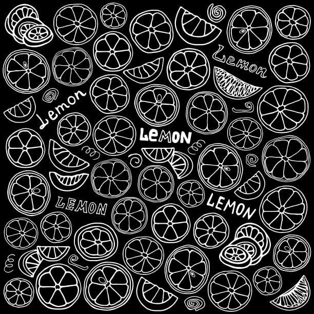黑白插图，黑色背景，柠檬片，涂鸦风格。图片下载