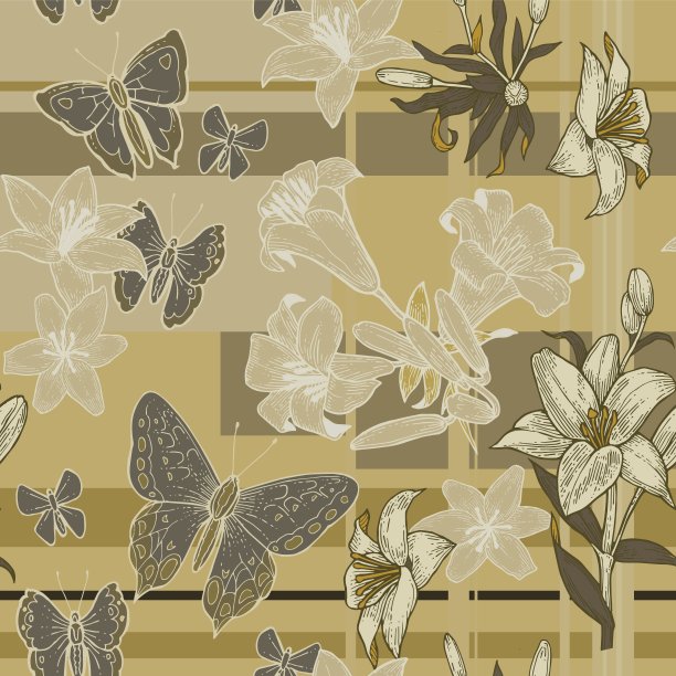 莉莉花。墙纸和织物的无缝图案。背景说明。手绘轮廓。园林植物的开花抽象的花卉图片与蝴蝶。向量图片下载