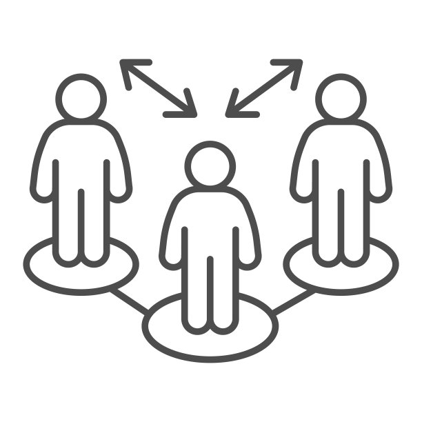 社会距离在团体细线图标，社会距离概念，三个人之间的距离限制签名在白色背景，避免聚集和保持安全的轮廓风格图标。向量。图片下载