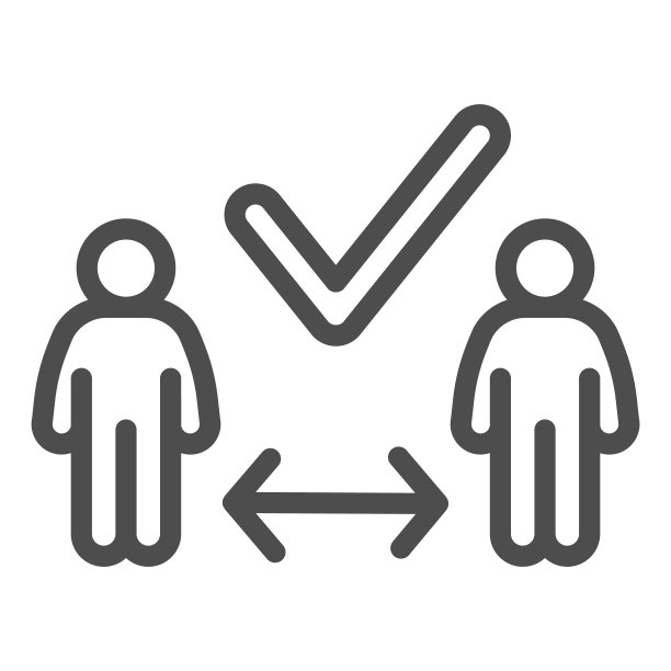 两人在右距离线图标，社会距离概念，距离限制标志上的白色背景，两人和批准的tick图标在轮廓风格。矢量图形。图片下载