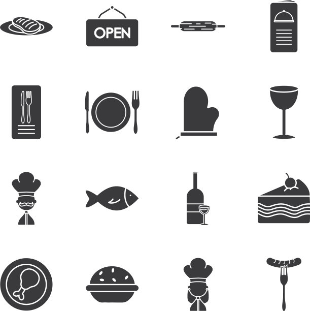 烹饪手套和餐厅图标设置剪影图片下载