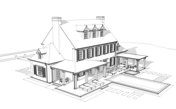 殖民风格的现代古典住宅的3d渲染，白色背景上的黑线图片下载
