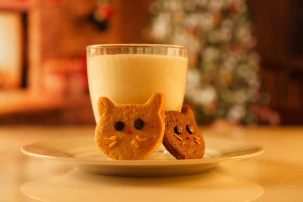 可可和姜饼饼干为新年前夜和圣诞节主题。一个像猫一样的饼干和一杯牛奶的图片，背景是一棵圣诞树和壁炉。图片下载