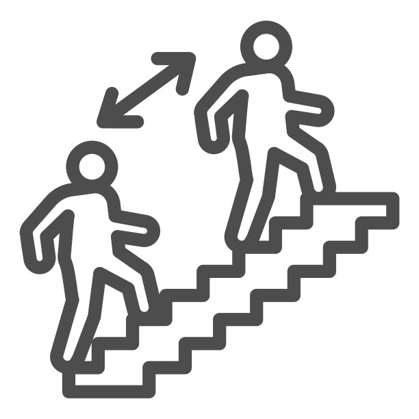 楼梯上两个人之间的距离线图标，社会距离概念，白色背景上的公共场所预防标志，轮廓风格的楼梯上的男人保持距离图标。向量。图片下载