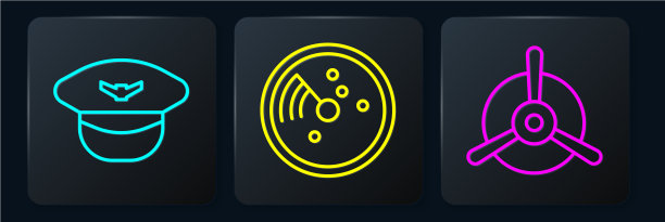 设线飞行员帽、飞机螺旋桨和雷达图片下载