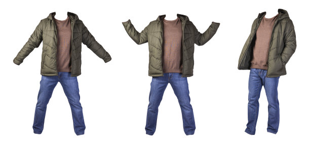 夹克，毛衣和蓝色牛仔裤孤立在白色背景。休闲服装图片下载