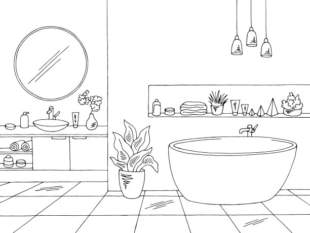 浴室图形家居室内黑白素描插图矢量图片下载