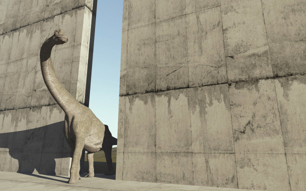 腕龙穿过一扇混凝土门从丛林中出来。这是一个3d渲染图。图片下载