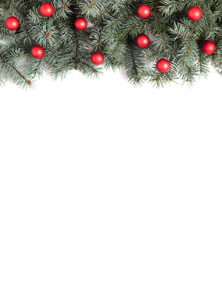 圣诞节的边界用冷杉树枝和红色的球在白色的背景。圣诞装饰品。从以上观点。副本的空间。图片下载