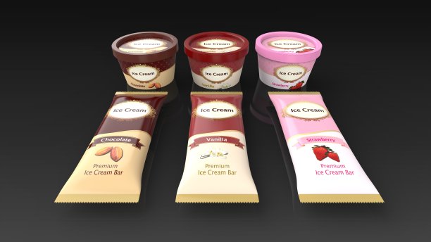 冰淇淋杯和酒吧3种口味前黑背景3d图片下载