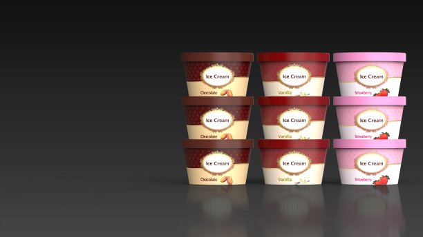 冰淇淋杯3种口味前面堆放右黑色背景图片下载