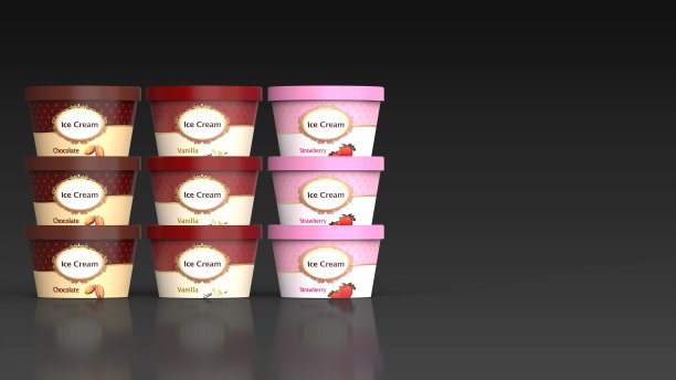 冰淇淋杯3种口味前面堆叠左黑色背景3d图片下载