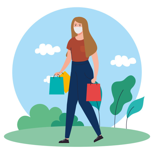 年轻女子带着购物袋，戴着医用口罩图片下载