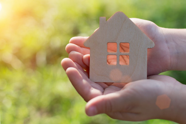 孩子们手里拿着一座小木屋。这个理念是每一个孤儿找到自己的家庭和家园的梦想。这张照片是水平的，柔焦的，在街道上拍摄的。图片下载