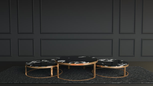 圆形黑白色大理石金色金属桌子站在黑色的地毯上放置在一个黑白色的房间。3 d插图形象。图片下载