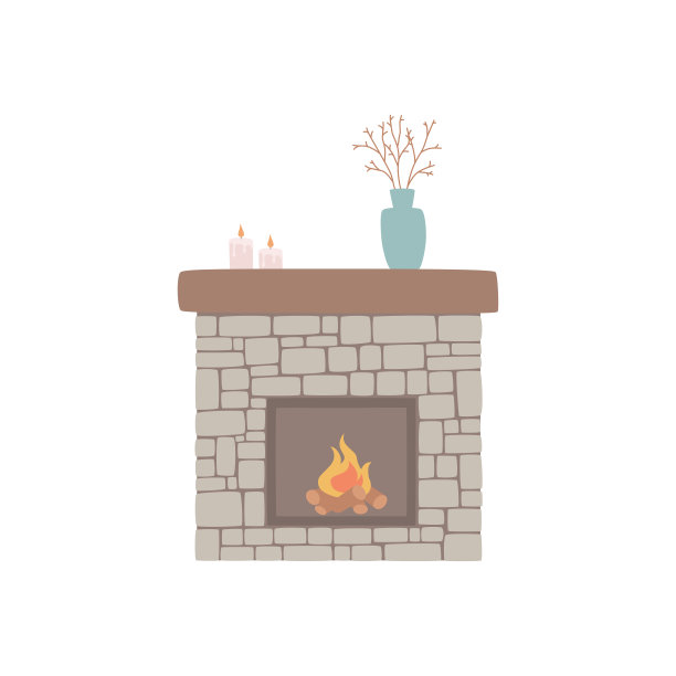 经典的壁炉由天然石材和明亮的燃烧火焰制成。图片下载