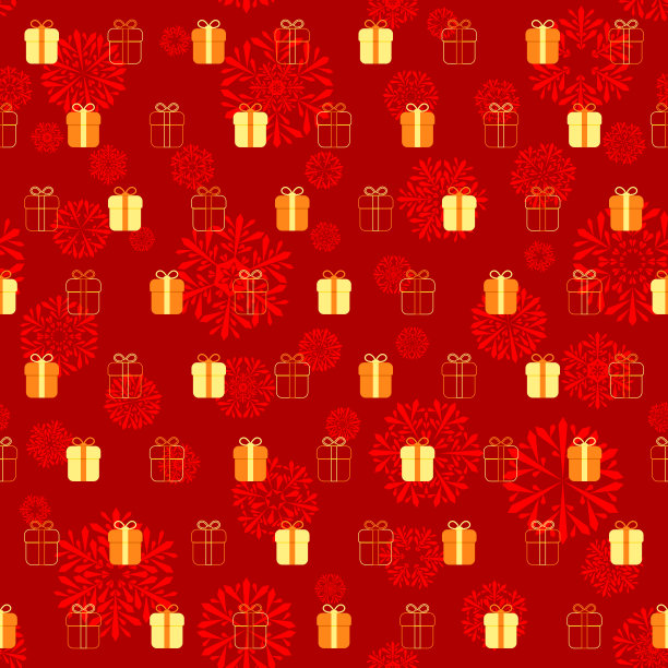 黄色和橙色的节日礼物在红色的冬天与雪花重复的背景。向量无缝模式。样布。包装纸。连续打印。贺卡设计元素;横幅图片下载